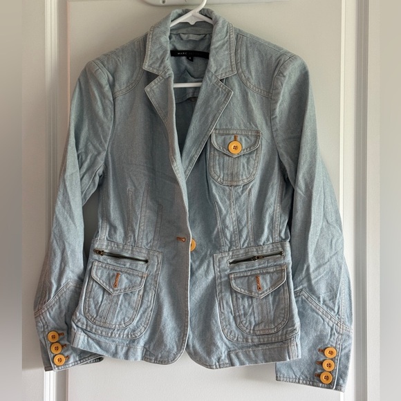 Marc Jacobs Women's One Button Cotton Denim Blazer jacket Sz 8 Long Sleeve - Picture 1 of 12